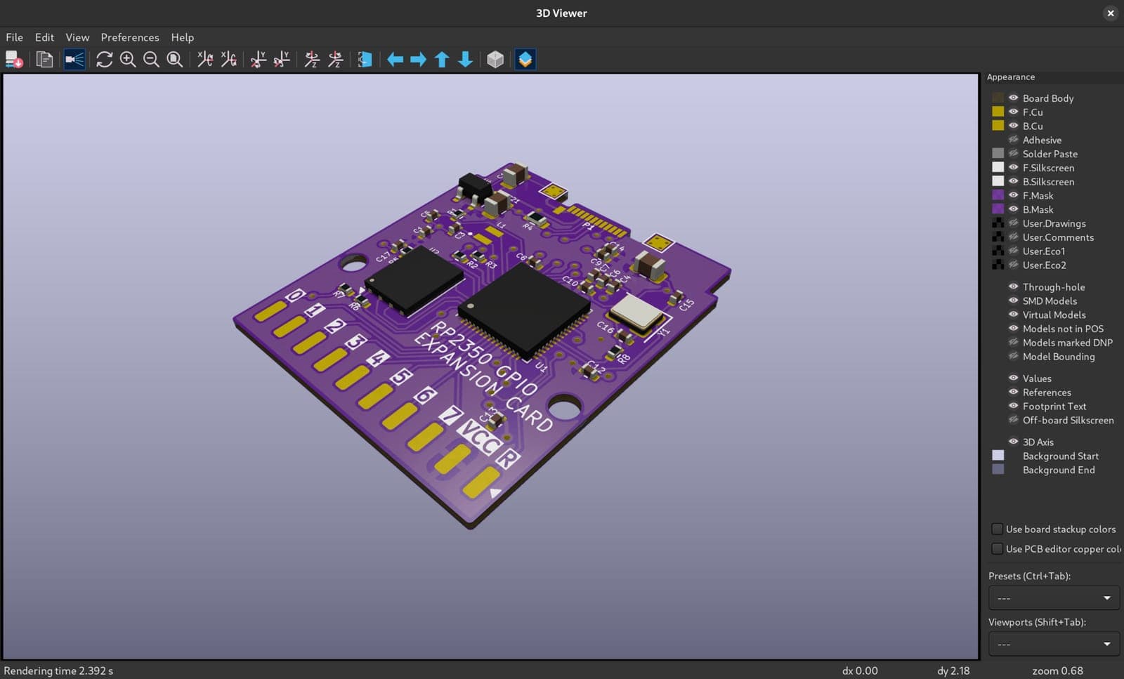 Vista 3D de una tarjeta electrónica antes de fabricarla