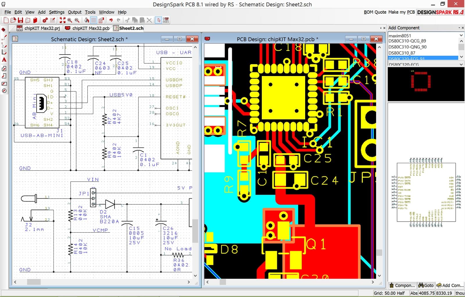 Esquemático y diseño de la tarjeta lado a lado en software de PCB